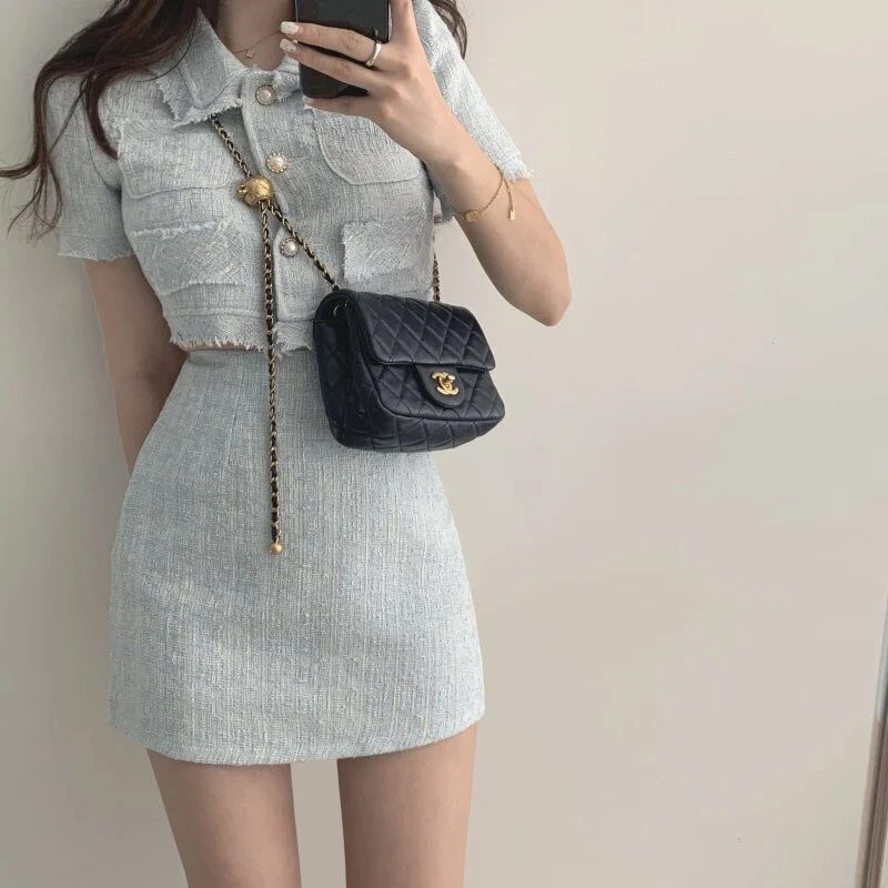 Women Summer Two 2 Piece Set Korean Style Elegant Single Breasted Tassle Short Sleeve Tops and High Waist Bodycon Mini Skirt A-line Denim Skirt