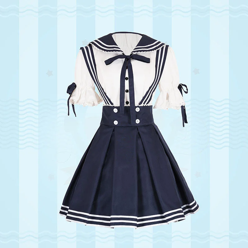 Sailor Lolita Costume Blue Short Sleeved Shirt And Pleated Jumper Skirt Summer Mini Skirt