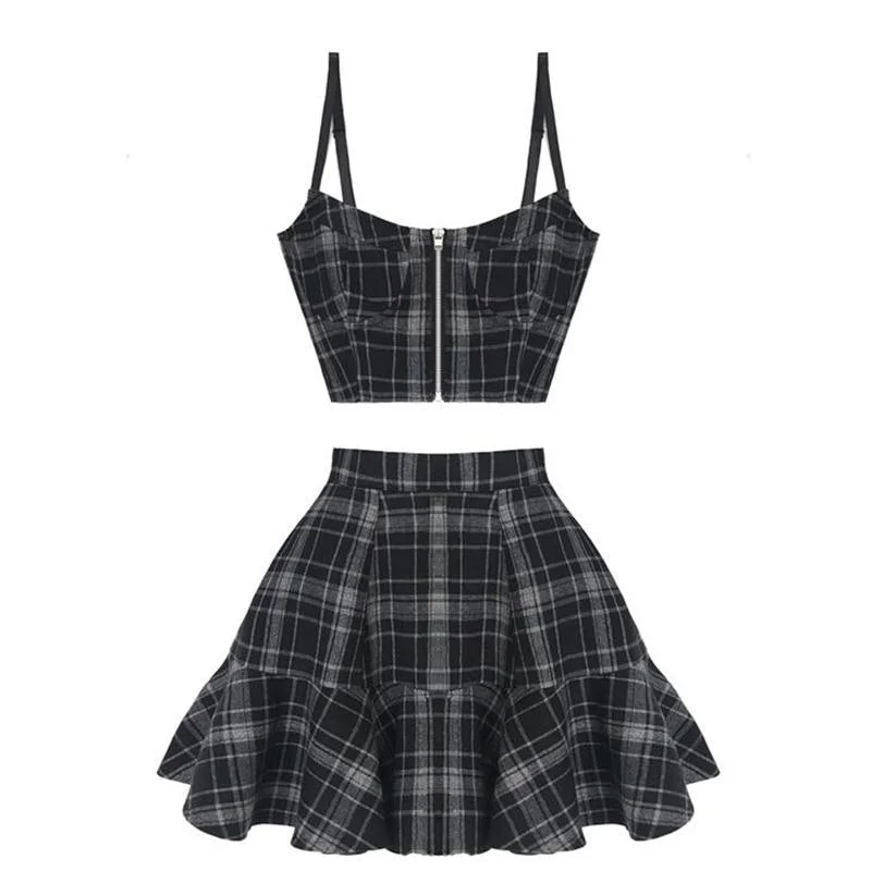 Black Gothic Two Pieces Set Women Plaid Summer 2 Piece Plaid Crop Top + High Waist Mini Skirt Punk Streetwear Skirts Sundress Lace Detail Mini Skirt