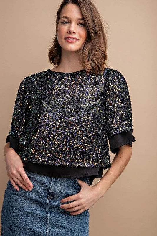 Sequined Short Sleeve Top With Back Zipper Soft Pleated Skirt