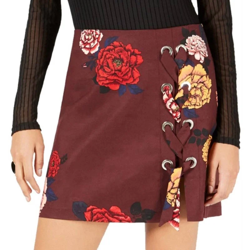 Project 28 NYC Ladies Wine Red Floral Print Mini Skirt w/ Lace Up Accent Long-sleeve Mini Skirt