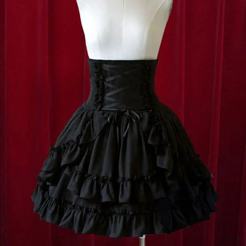 Pure Black Layered Ruffles High Waist Gothic Lolita Short Skirt Casual Skater Skirt