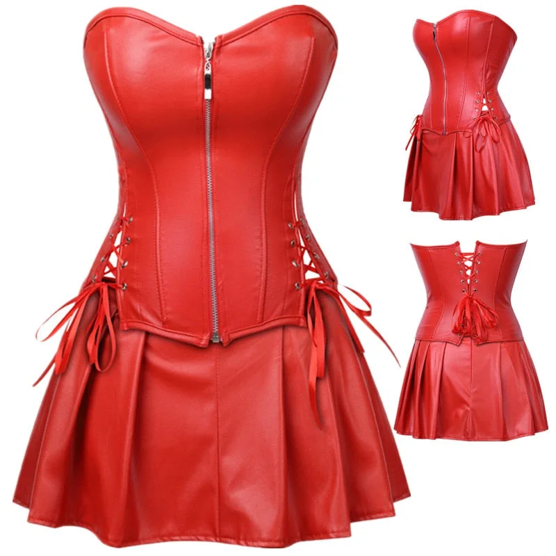 Sexy Women Faux Leather Front Zipper Gothic Corset Dress Plus Size Steampunk Overbust Corset with Mini Skirt Soft Mini Skirt