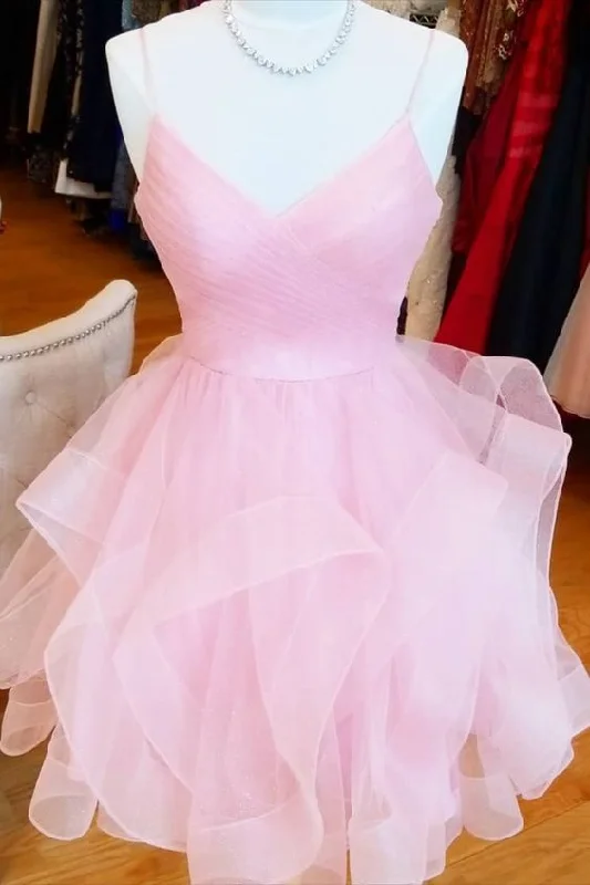 short pink a line homecoming dress birthday dress with ruffled skirt Mini Skirt Look