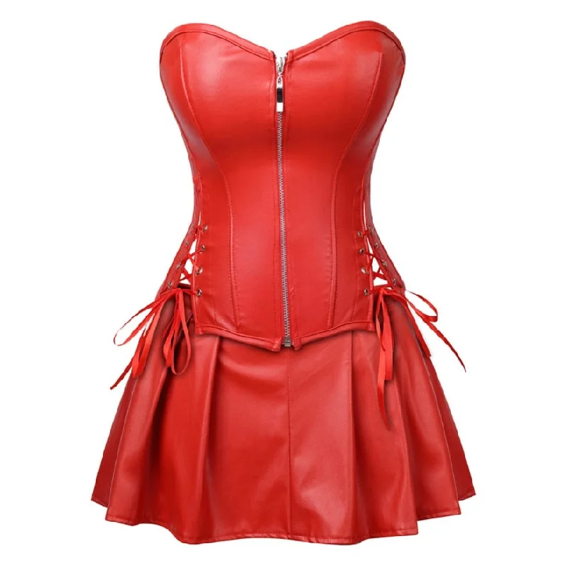 Women Gothic Faux Leather Corset Dress Burlesque Sexy Zipper Lace Up Corset Bustier Top With PU Leather Mini Skirt Set Plus Size Ripped Denim Skirt