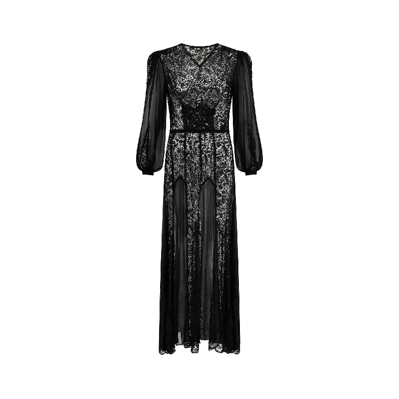 1930s Black Lace and Chiffon Insert Dress Lace Dress Day