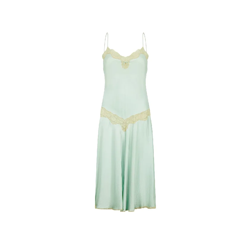 1980s Jenny Dobell Seafoam Green and Lace Slip Dress Tiered Lace Dress