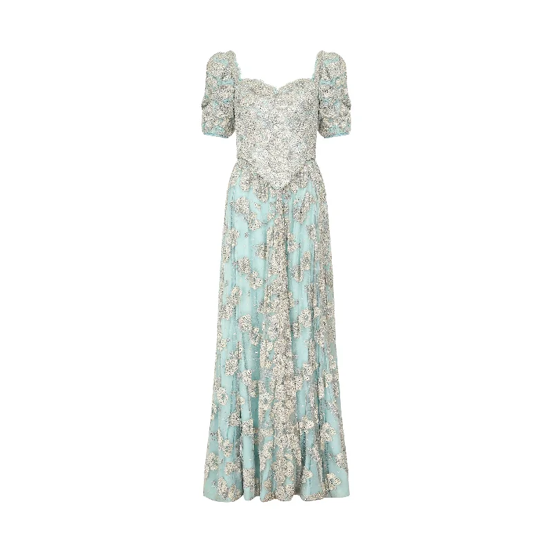 1990s Bespoke Embellished Lace and Crystal Turquoise Dress Lace Dress Summer