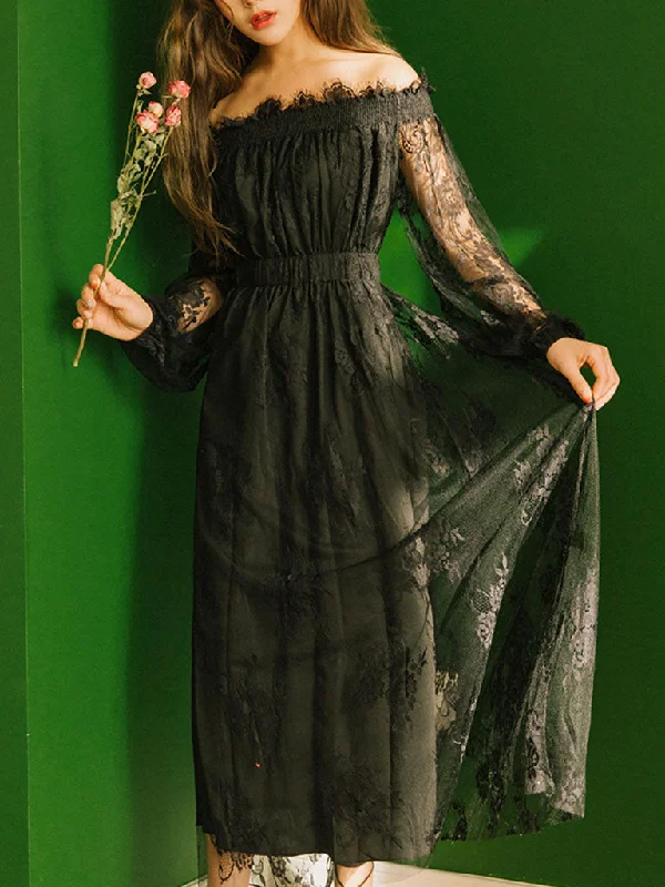 Black Lace Off Shuolder Gothic Style Vintage Dress Ruffled Lace Gown