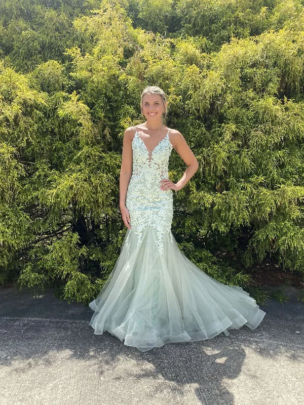 Blush Prom 12130 Lace Mermaid Dress with Train - Fern, Emerald, Eggplant or Sky Blue Lace Dress Set