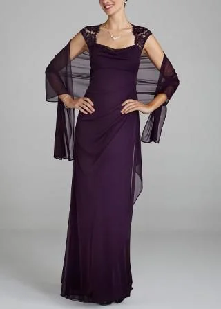 David's Bridal Cap Sleeve Long Jersey Dress with Lace Detail Purp Lace Gown Glam