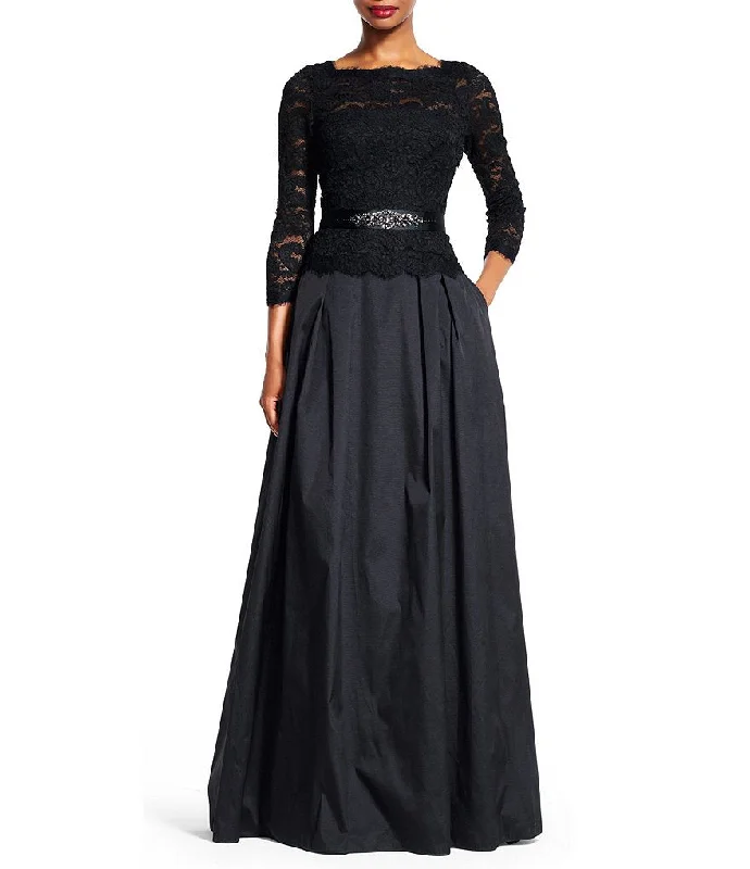 Adrianna Papell Lace & Taffeta Belted Gown Tiered Lace Dress