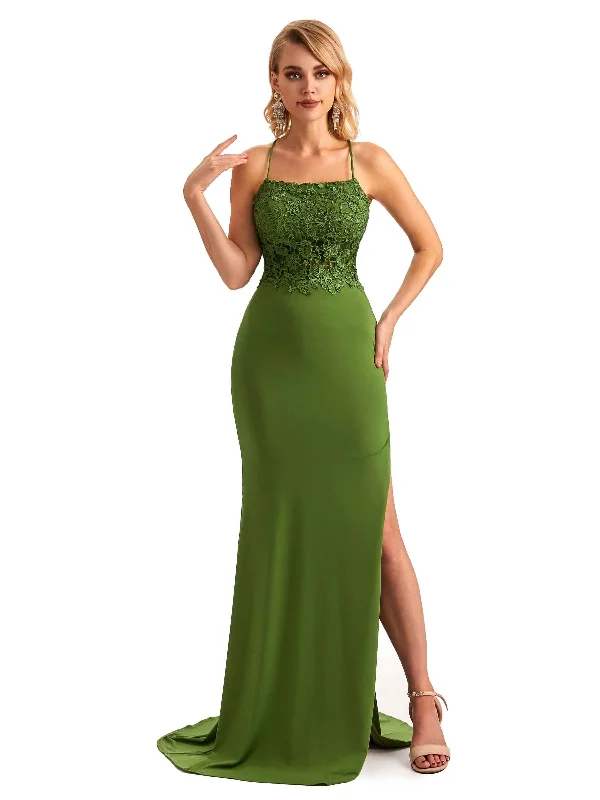 Sexy Side Slit Mermaid Lace Stretchy Jersey Long Formal Bridesmaid Dresses Lace Bodycon Dress