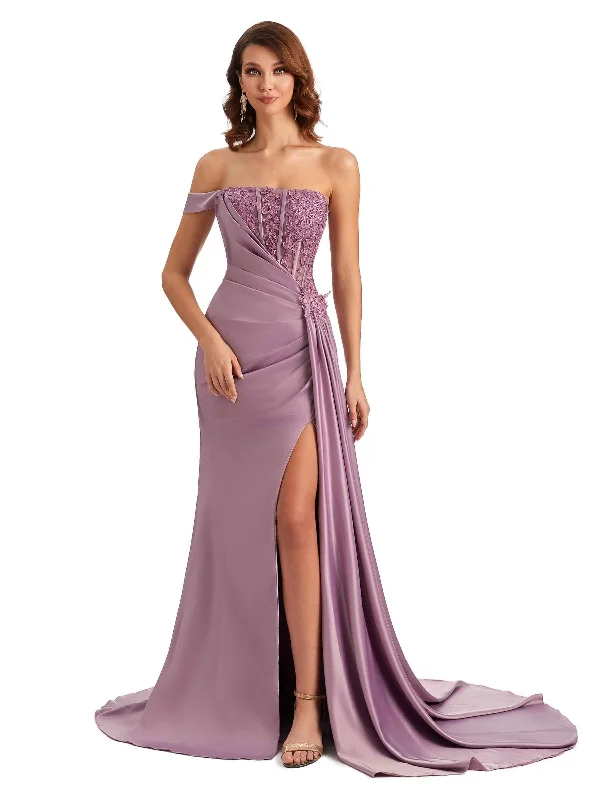 Sexy One Shoulder Lace Side Slit Mermaid Silky Satin Unique Long Bridesmaid Dresses Lace Dress Vibe