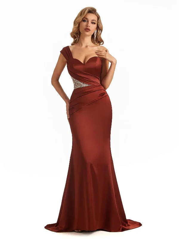 Sexy Soft Satin Lace One Shoulder Mermaid Bridesmaid Dresses Online Light Lace Dress