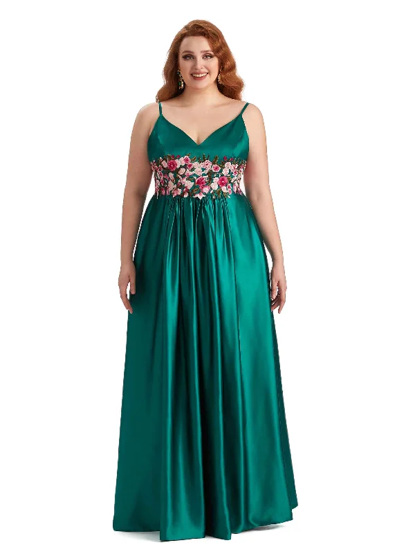 Unique Lace Spaghetti Straps Soft Satin Long Plus Size Bridesmaid Dress For Wedding Lace Dress Trend