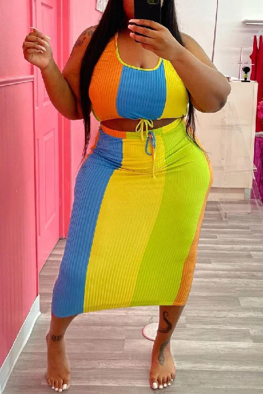 Plus Size Sleeveless Color Top and Long Skirt Set Summer Beach Maxi