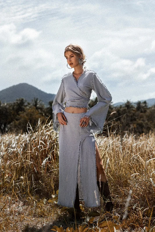 Sky Blue Maxi Skirt • Handmade Tassels Skirt • Open Sides Goddess Boho Skirt Tulle Layered Maxi