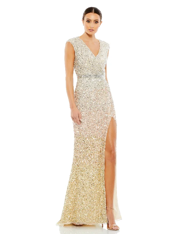 Cap Sleeve Sequined High Slit Gown Sequin Shift Gown