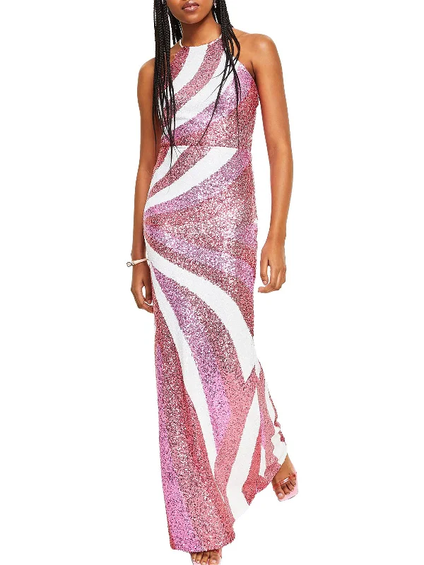 Juniors Womens Sequined Halter Evening Dress Pink Sequin Gown