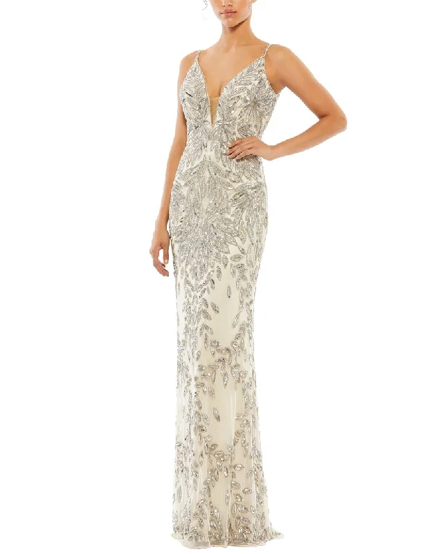 Mac Duggal Sequined Sleeveless Plunge Neck Trumpet Gown Sequin Bodycon Dress