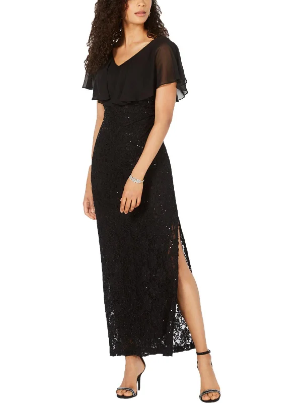 Petites   Womens Lace Overlay Sequined Evening Dress Sexy Sequin Gown