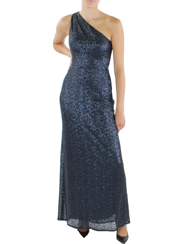 Womens Sequined One Shoulder Evening Dress Ruffled Sequin Dress