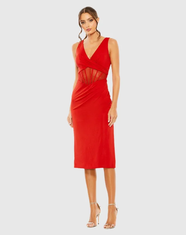 Sheer Mesh Caged Midriff V-Neck Jersey Midi Dress Soft Pleated Midi