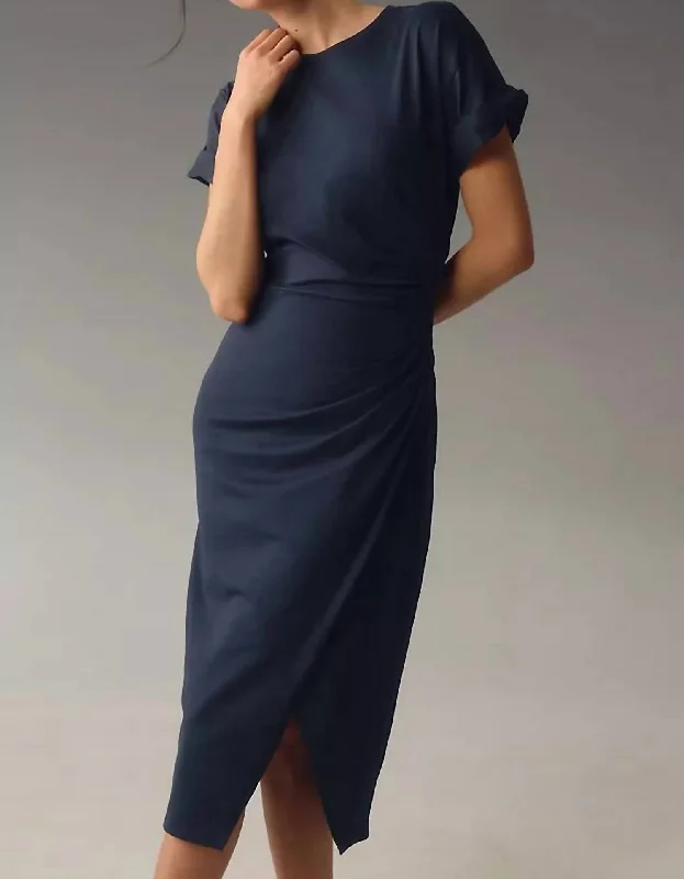 Faux Wrap Midi Dress In Navy Midi Skirt Dress