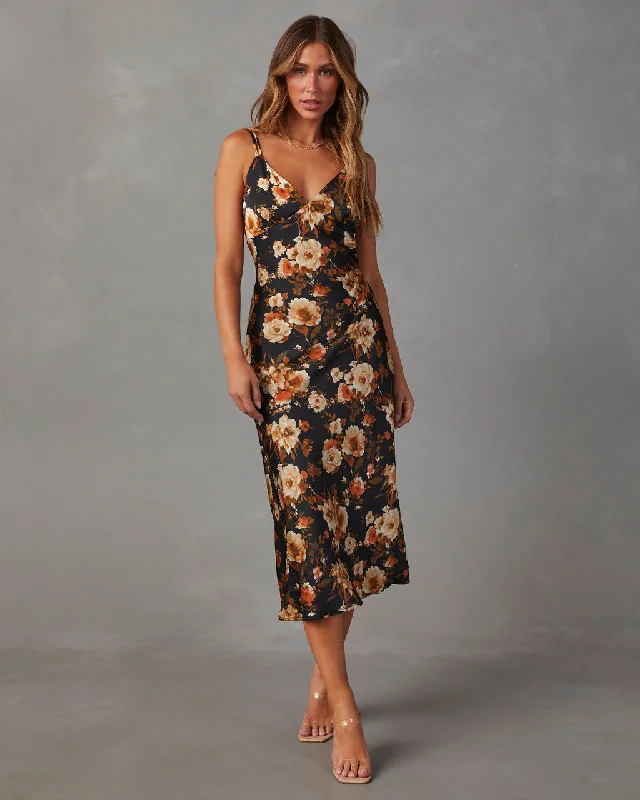 Sweet Sunflower Satin Floral Midi Dress Lace Midi Skirt