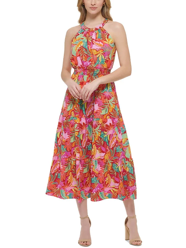 Womens Floral Halter Midi Dress Front Button Midi