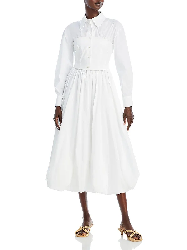 Womens Puff Collar Midi Dress Pleated A-line Skirt