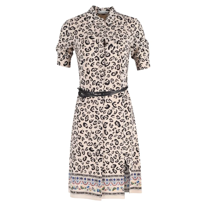 Altuzarra Animal Print Knee-Length Belted Shirt Dress in Cream Silk Modern Button Shirt