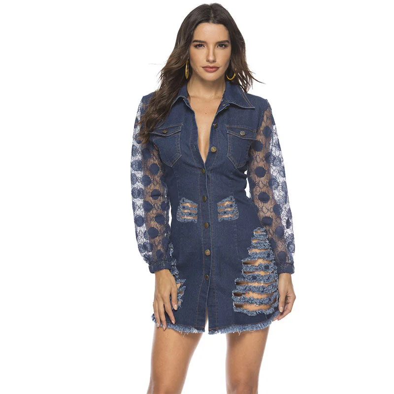 Lace Denim Ripped Holes Shirt Dress Cute Shirt Dress