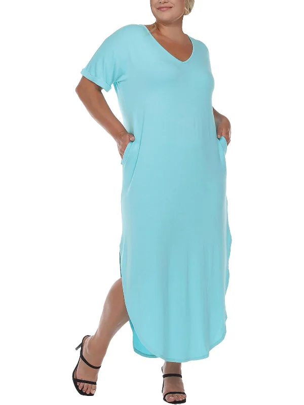 Plus Womens V-Neck Long T-Shirt Dress Relaxed Shirt Gown