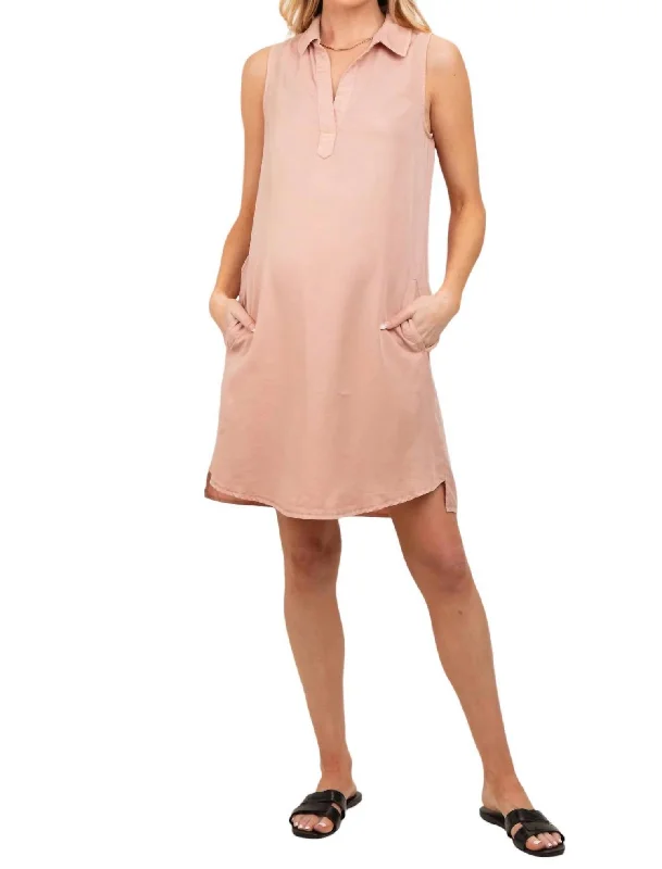 Tencel Sleeveless Shirt Dress In Dusty Peach Denim Shirt Dress