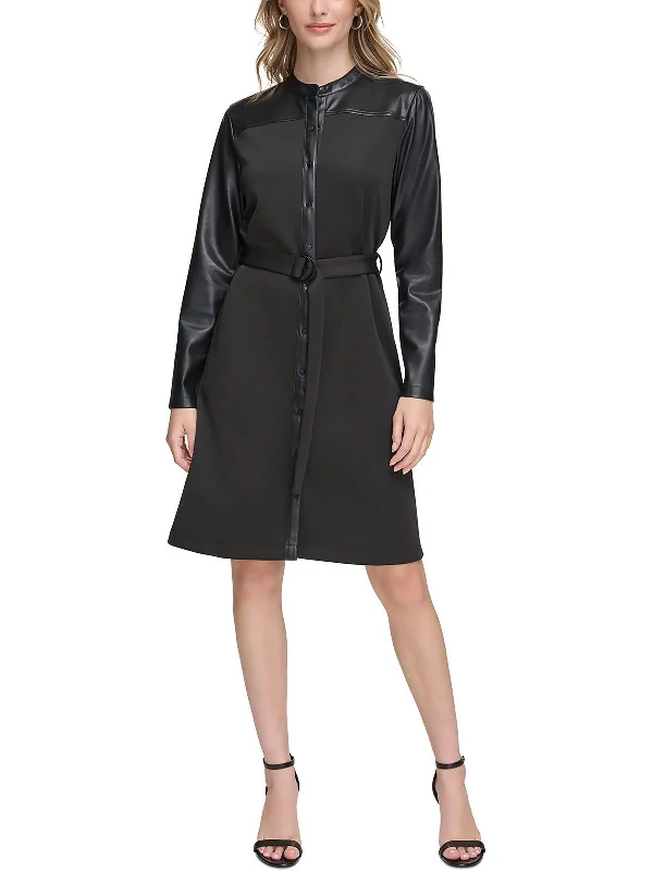 Womens Faux Leather Trim Knee-Length Shirtdress Fashion Shirt Dress