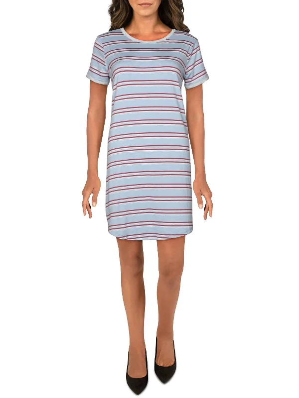 Womens Striped Short Sleeves T-Shirt Dress Pleated Shirt Gown