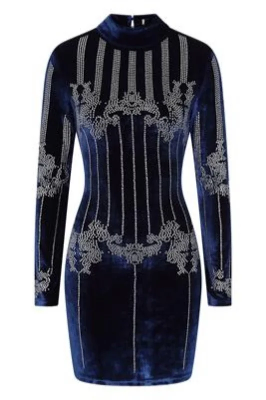 Crush Navy Blue Velvet Embellished Rhinestone Long Sleeve Bodycon Dress Colorblock Bodycon Dress