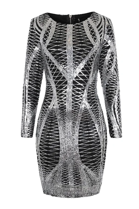 Hilton Luxe Black Silver Cage Sequin Bandage Bodycon Illusion Dress Bold Bodycon Style