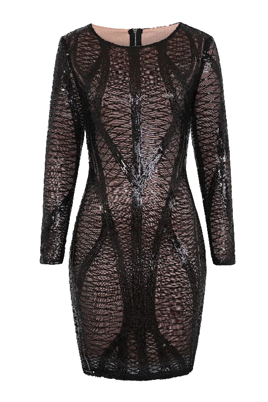 Hilton Luxe Black Dark Nude Cage Sequin Bandage Bodycon Illusion Dress Lace Back Bodycon