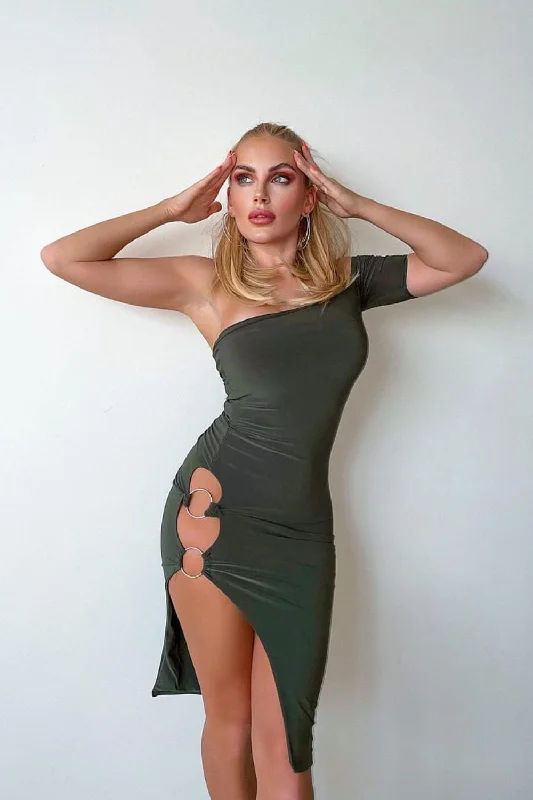 The Baddest Khaki Slinky Bodycon One Shoulder Cut Out Slit Ring Dress Bodycon Dress Night