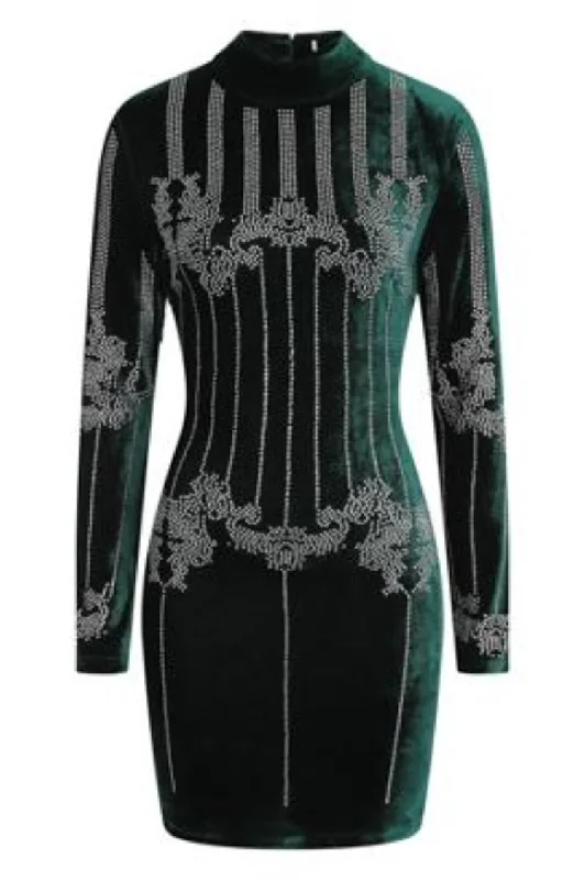 Crush Green Velvet Embellished Rhinestone Long Sleeve Bodycon Dress Night Out Dress