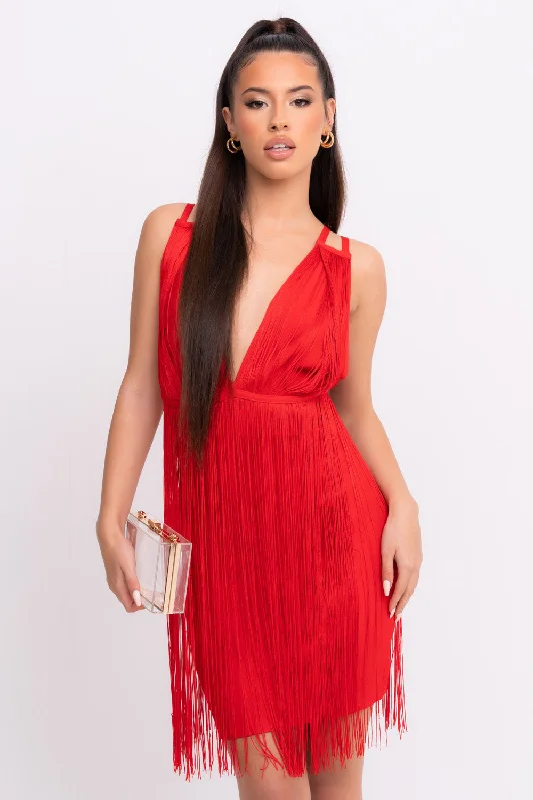 Sienna VIP Luxe Red Tassel Fringe Bandage Bodycon Dress Elegant Bodycon Gown