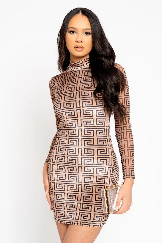 Special Touch Mocha Crush Velvet Mock Neck Long Sleeve Backless Bodycon Dress Classic Black Bodycon