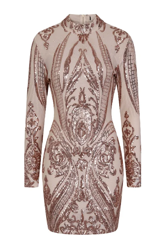 Vixen Rose Gold Nude Tribal Illusion Sequin Bodycon Dress High Neck Bodycon