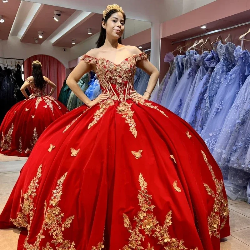 Red Ball Gown Quinceanera Dresses Sweet 16 Dress Tulle Gold 3D Flowers Soft Layered Tulle