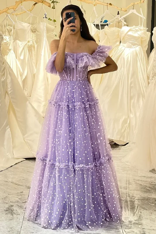 Off the Shoulder A-line Evening Gowns Lilac Dot Tulle Lace Up Corset Long Prom Dress Sweetheart Ruched Quinceanera Dresses 2024 Tulle Dress Vibe