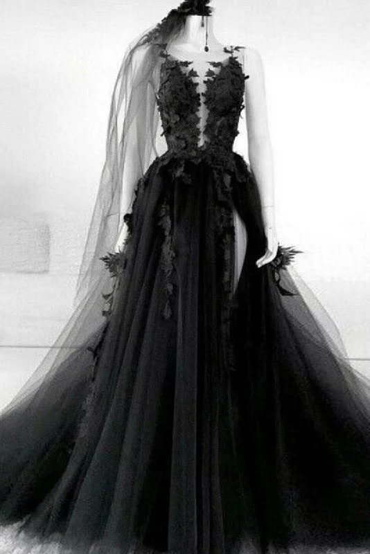 Black round neck tulle lace long prom dress black tulle formal dress,DS2355 Tulle Dress Dream