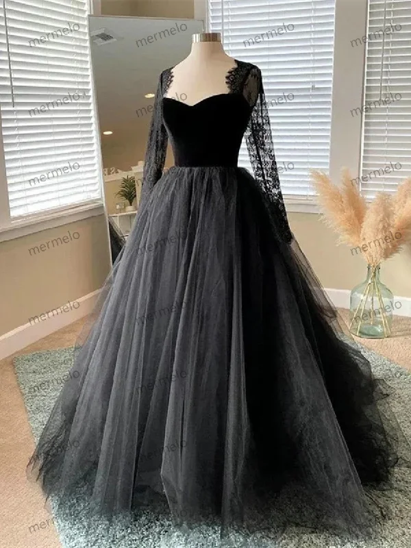 Black Tulle and Velvet Long Sleeves Formal Dress, Black Lace Prom Dress Tulle Dress Layers